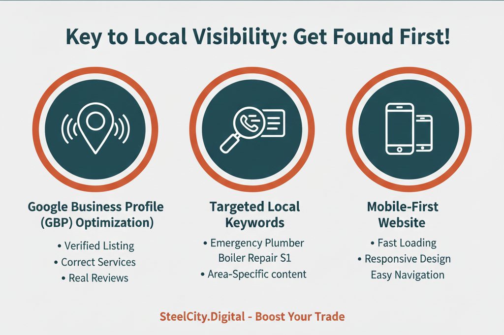 Infographic titled "Key to Local Visibility: Get Found First!" outlining three core strategies for local SEO: Google Business Profile (GBP) Optimization (Verified Listing, Correct Services, Real Reviews), Targeted Local Keywords (e.g., Boiler Repair S1, Area-Specific content), and a Mobile-First Website (Fast Loading, Responsive Design, Easy Navigation).