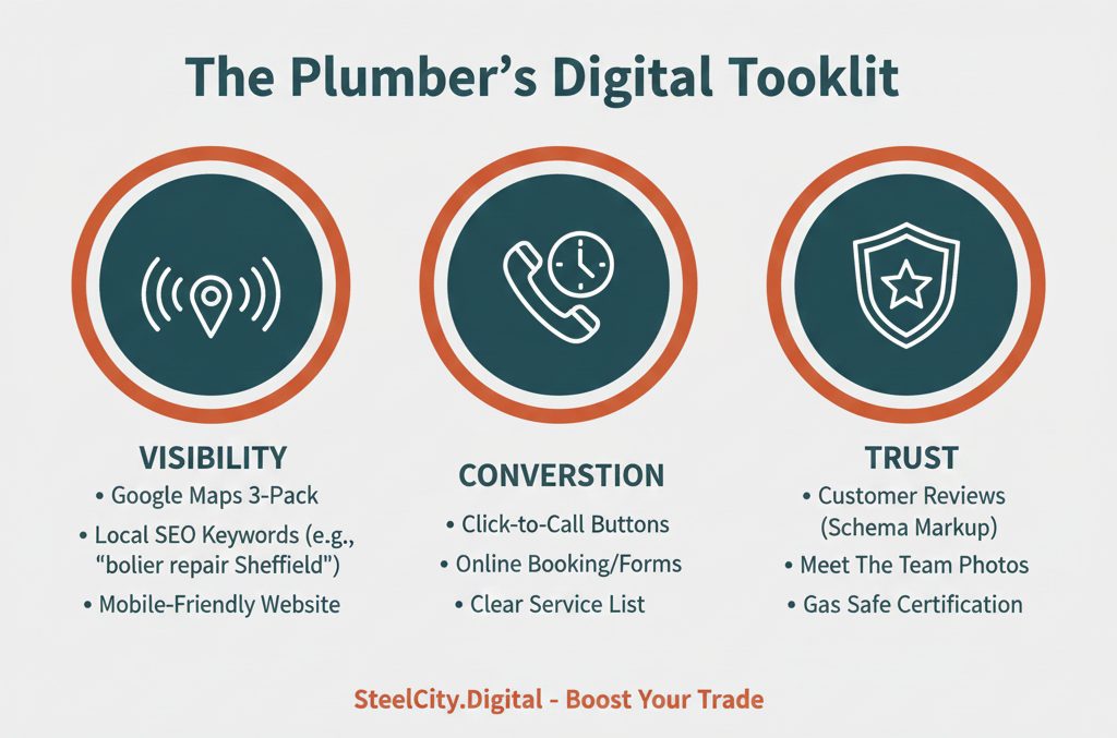 Infographic titled "The Plumber's Digital Toolkit" outlining three key areas for online success: Visibility (Google Maps 3-Pack, Local SEO, Mobile Website), Conversion (Click-to-Call, Online Booking, Clear Service List), and Trust (Customer Reviews with Schema Markup, Team Photos, Gas Safe Certification).